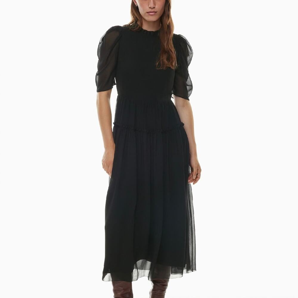 Aritzia Wilfred Parlour Dress - Black Chiffon Midi Maxi - Sheer Sleeves - Size 6